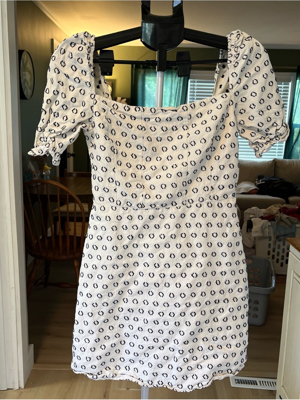 White Puff-Sleeve Mini Dress with Polka Dot Print